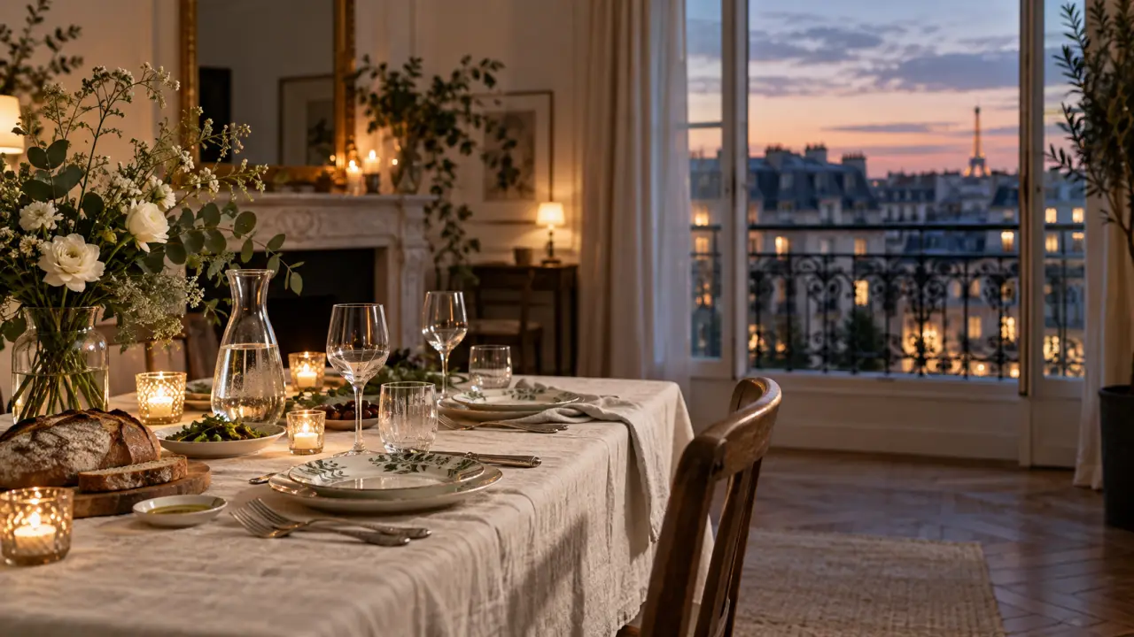 Table élégante dressée avec une vaisselle raffinée et une lumière chaleureuse