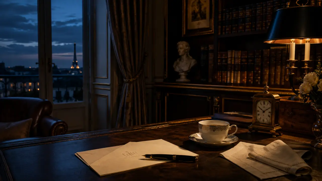 Bureau ancien en bois sombre avec livre relié, tasse de thé et stylo plume