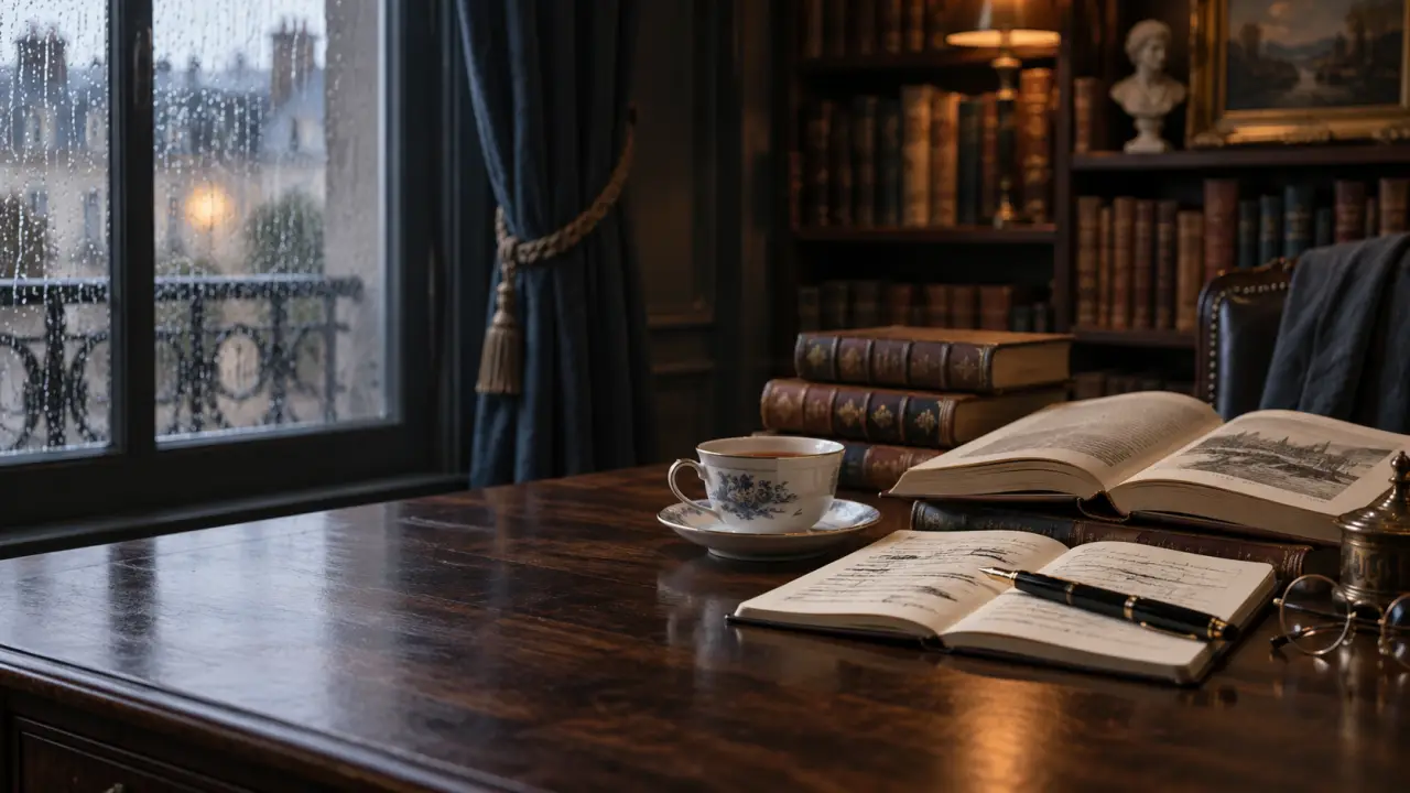 Livre ancien ouvert sur un bureau élégant, consacré aux subtilités de la langue française