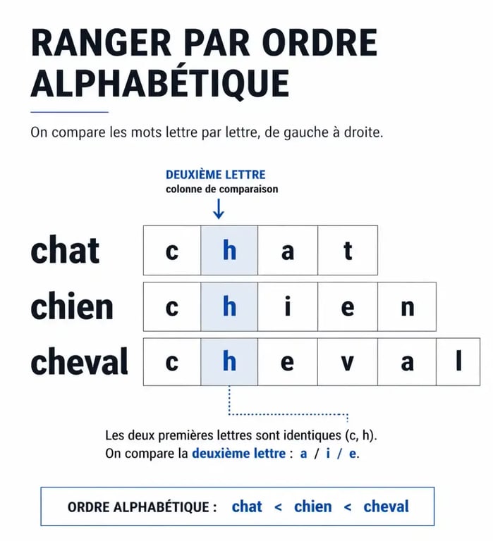 Schéma de comparaison lettre par lettre pour des exercices d'ordre alphabétique CE1