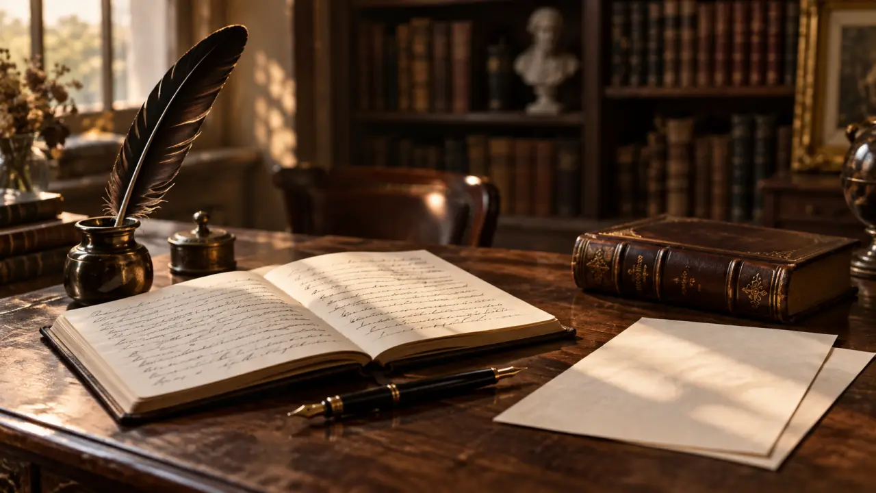 Dictionnaire ancien et stylo plume sur un bureau élégant