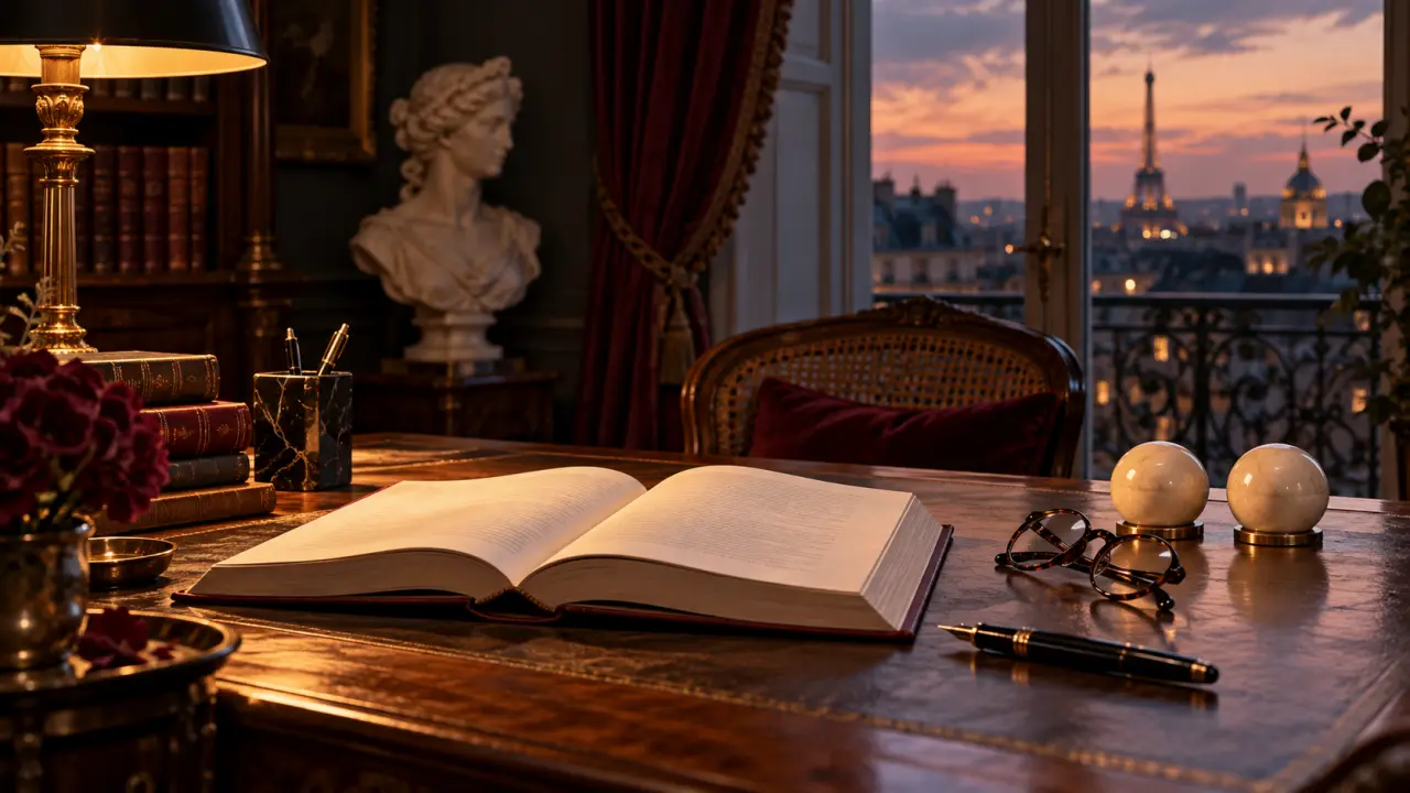 Dictionnaire ancien ouvert et stylo plume sur un bureau élégant
