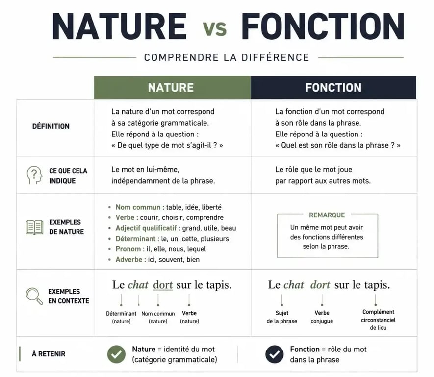 Tableau comparatif nature et fonction grammaticale pour élèves