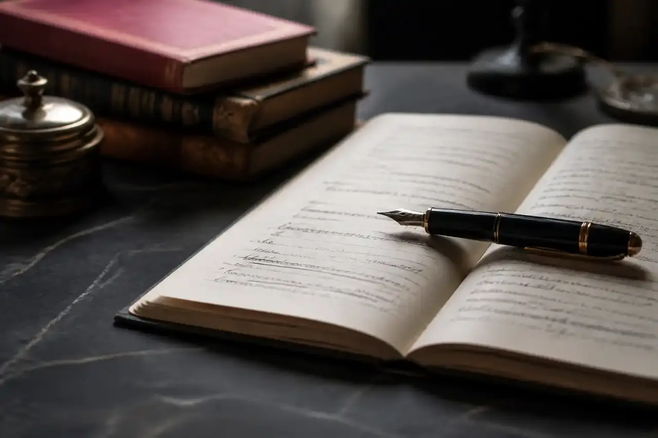 Plume ancienne posée sur un dictionnaire ouvert