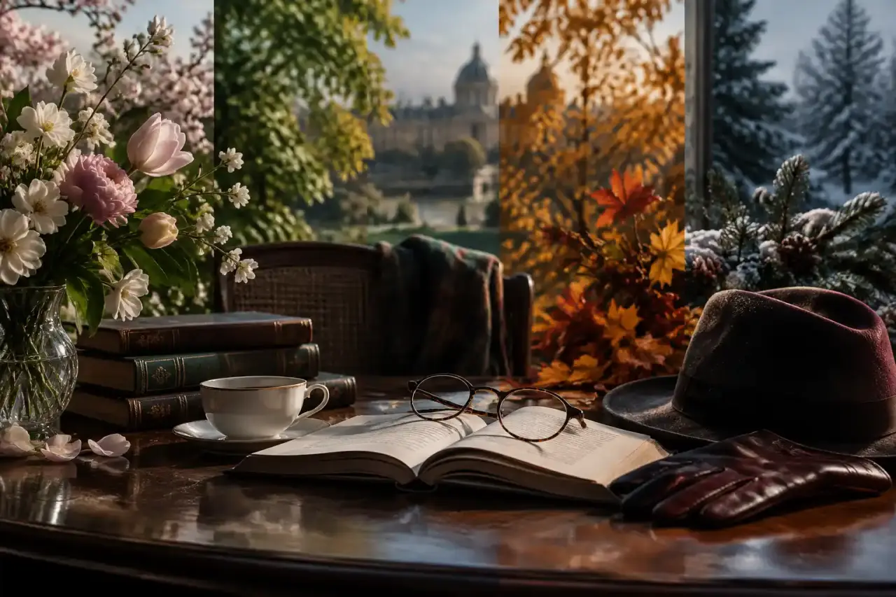 Bureau ancien avec livre relié, tasse de thé et stylo plume