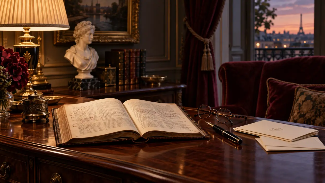 Livre ancien ouvert et stylo plume sur un bureau élégant
