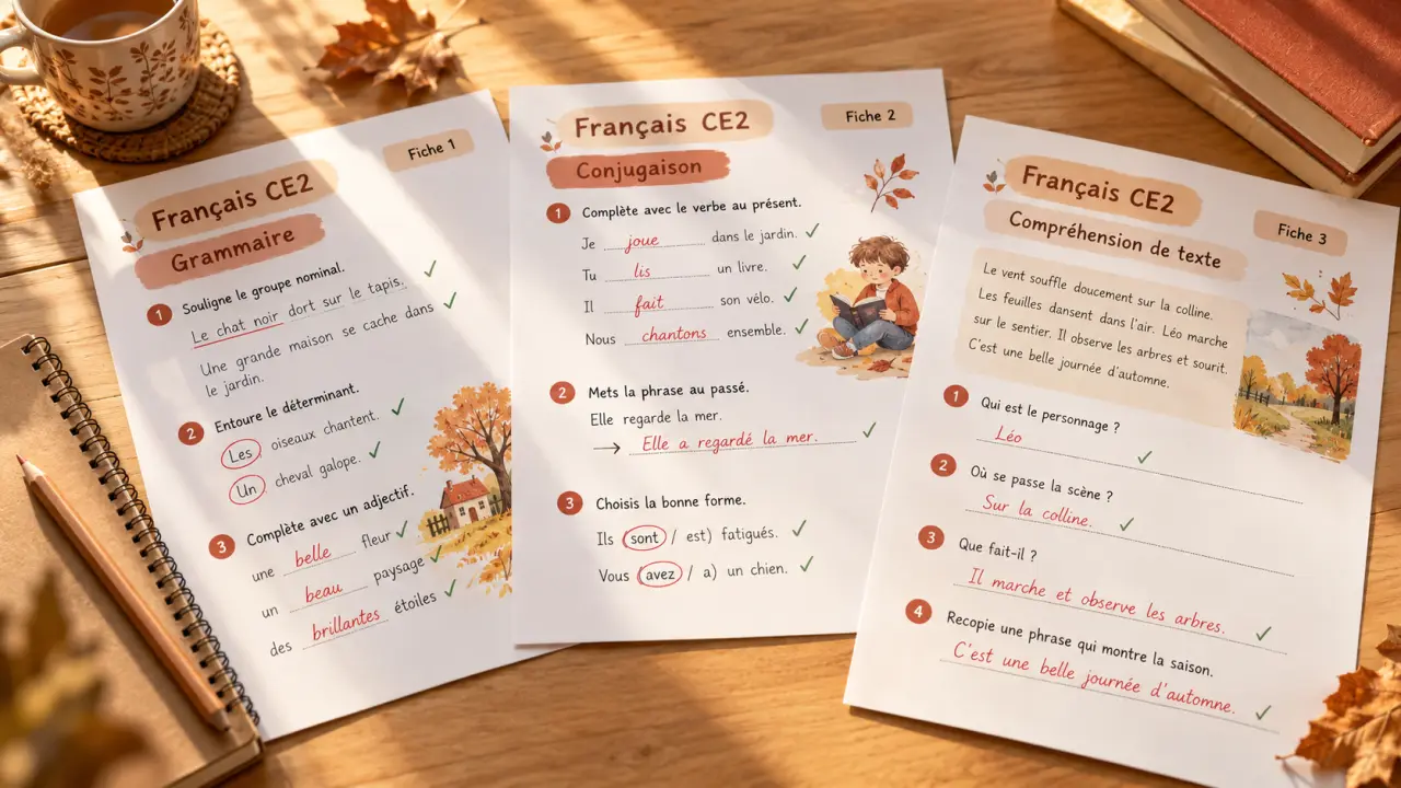 Exercices de français CE2 : 3 fiches corrigées pour travailler sans surcharge