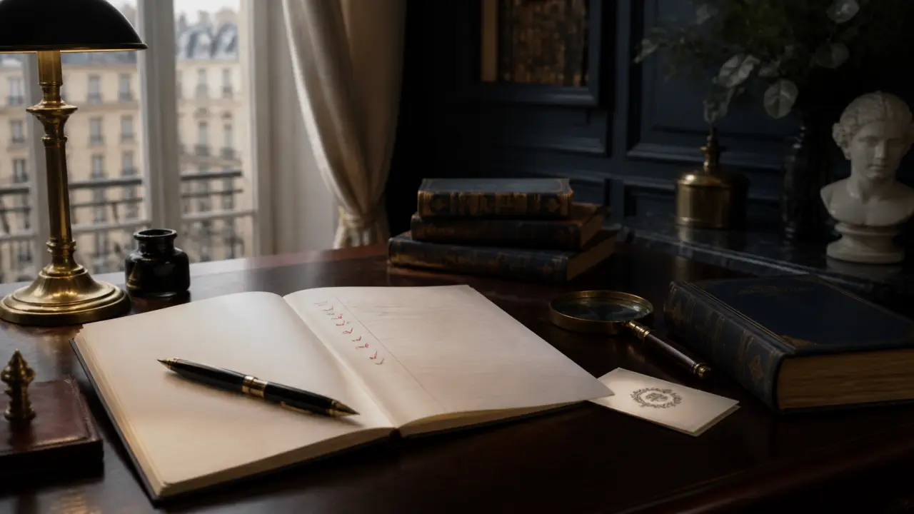 Bureau ancien en bois sombre avec livre relié, tasse de thé et stylo plume