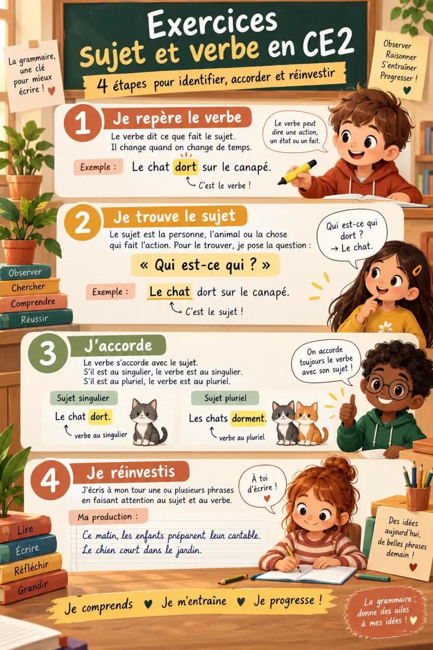 Exercices sujet et verbe en CE2 : 4 étapes pour identifier, accorder et réinvestir
