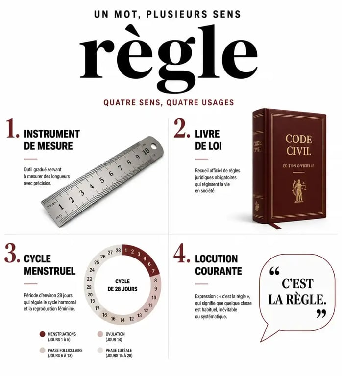 Infographie explicative des différents sens et synonymes du mot règle dans la langue française