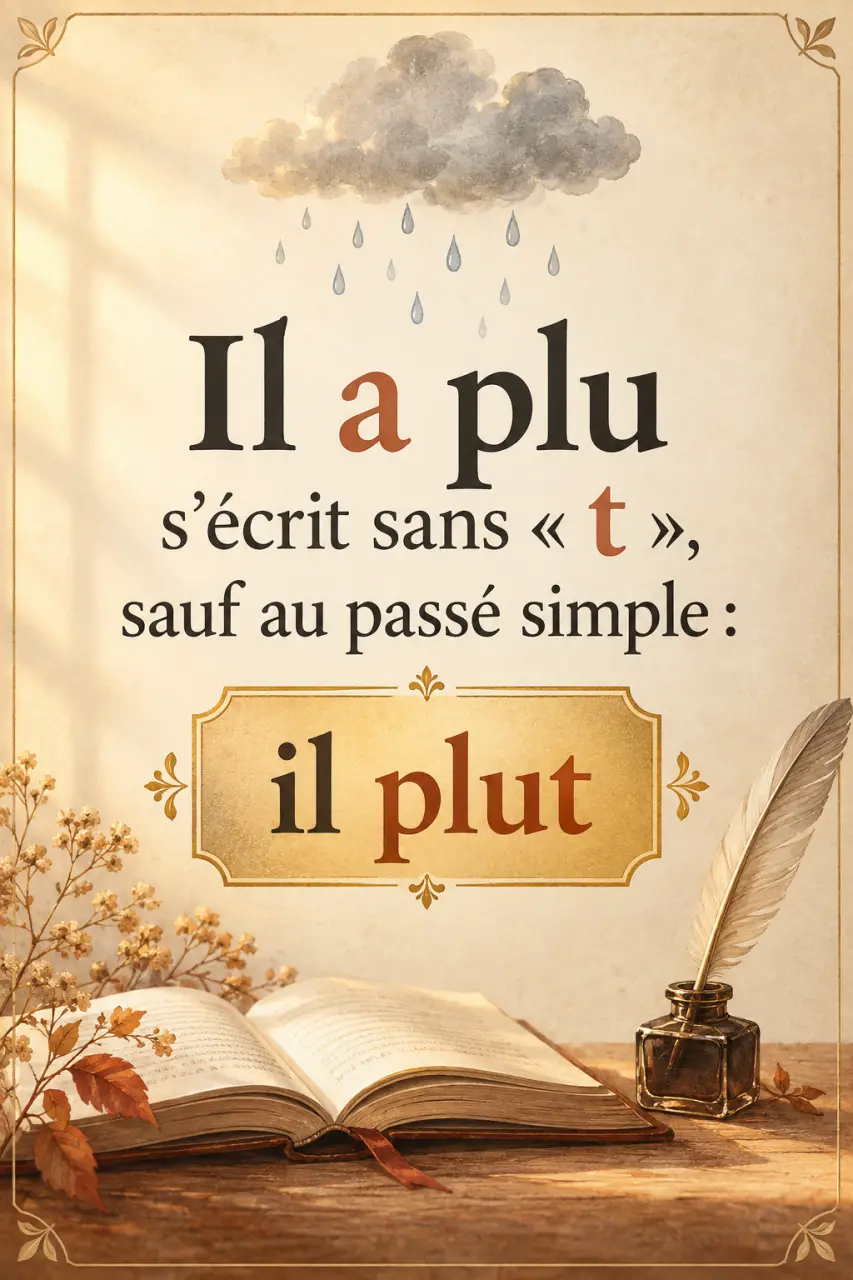 Il a plu s’écrit sans « t », sauf au passé simple : « il plut »