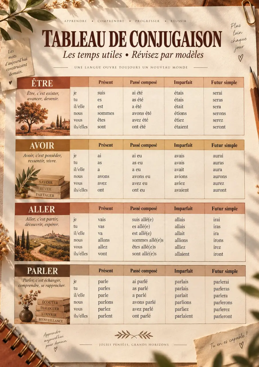 Tableau de conjugaison PDF : imprimez les temps utiles et révisez par modèles