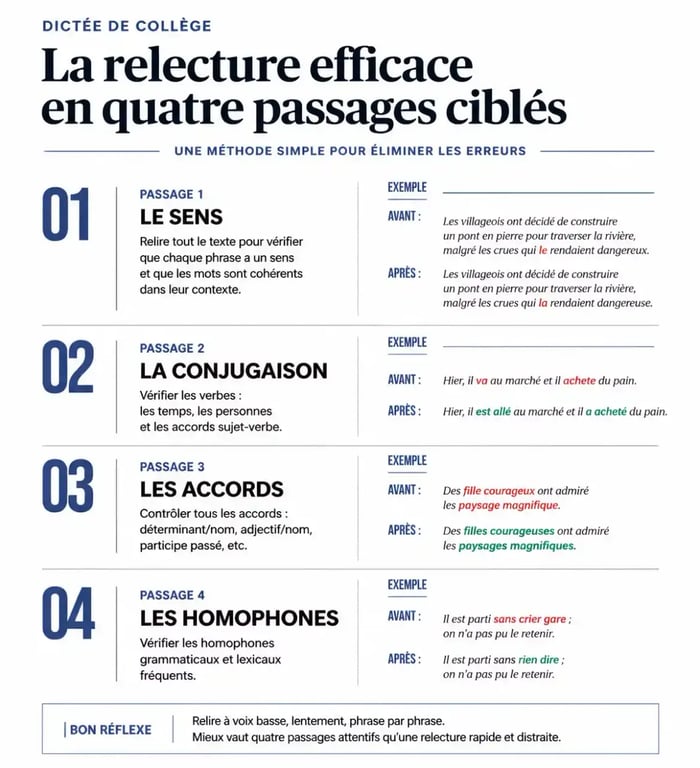 Méthode de relecture en quatre passages pour une dictée 4ème
