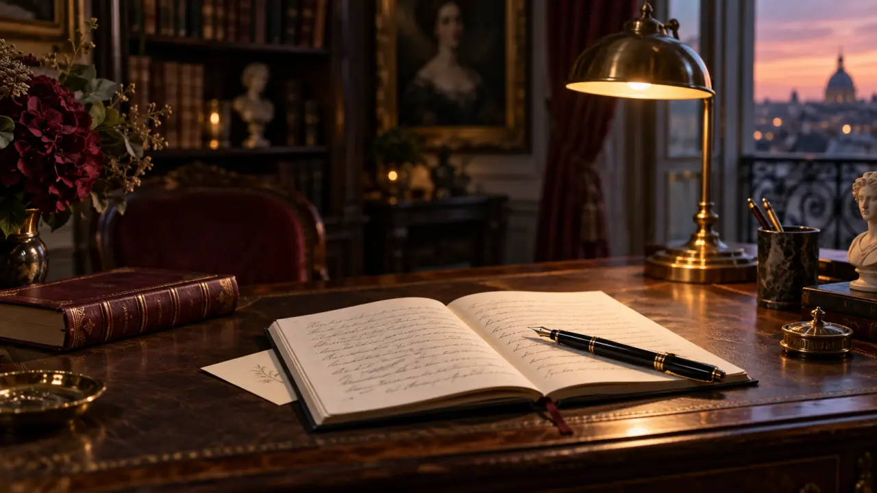 Livre ancien ouvert et stylo plume sur un bureau élégant
