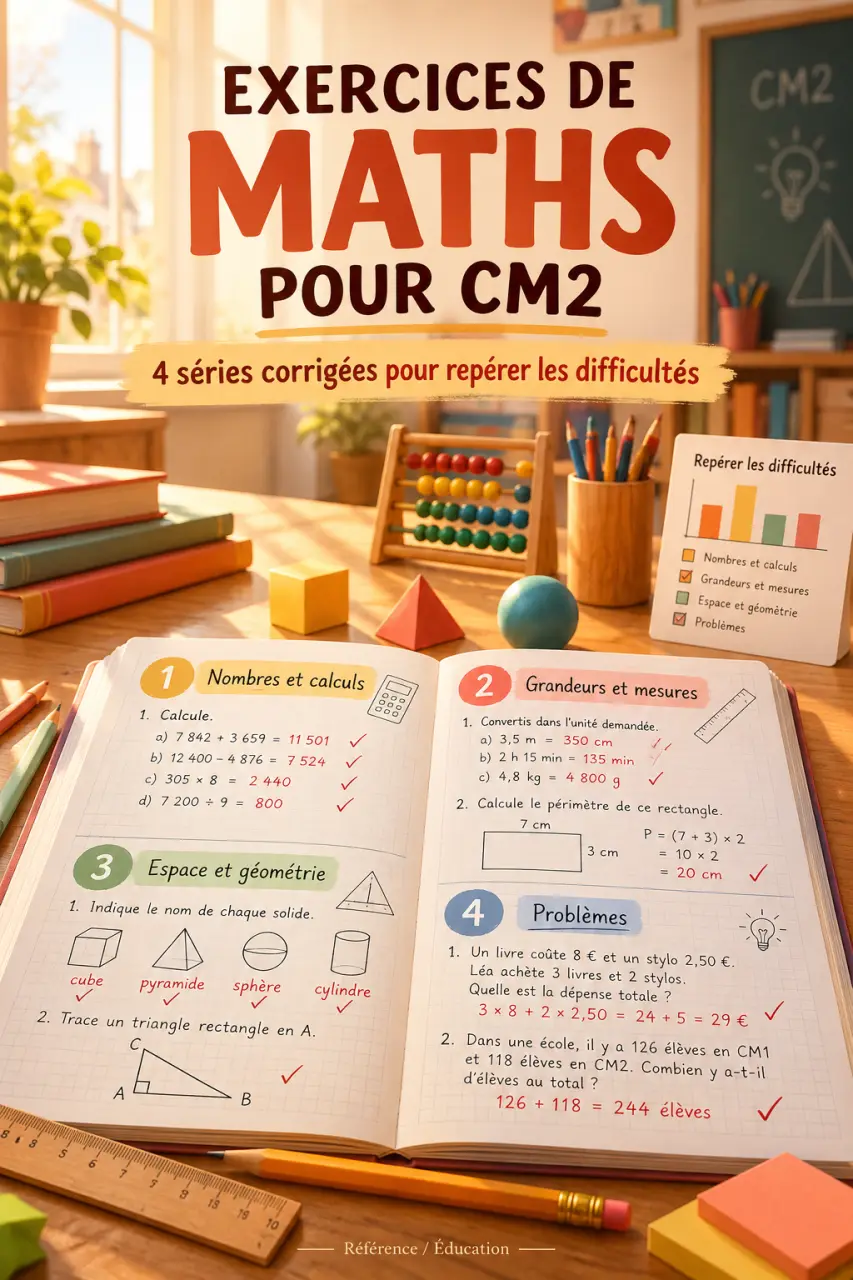Exercices de maths pour CM2 : 4 séries corrigées pour repérer les difficultés