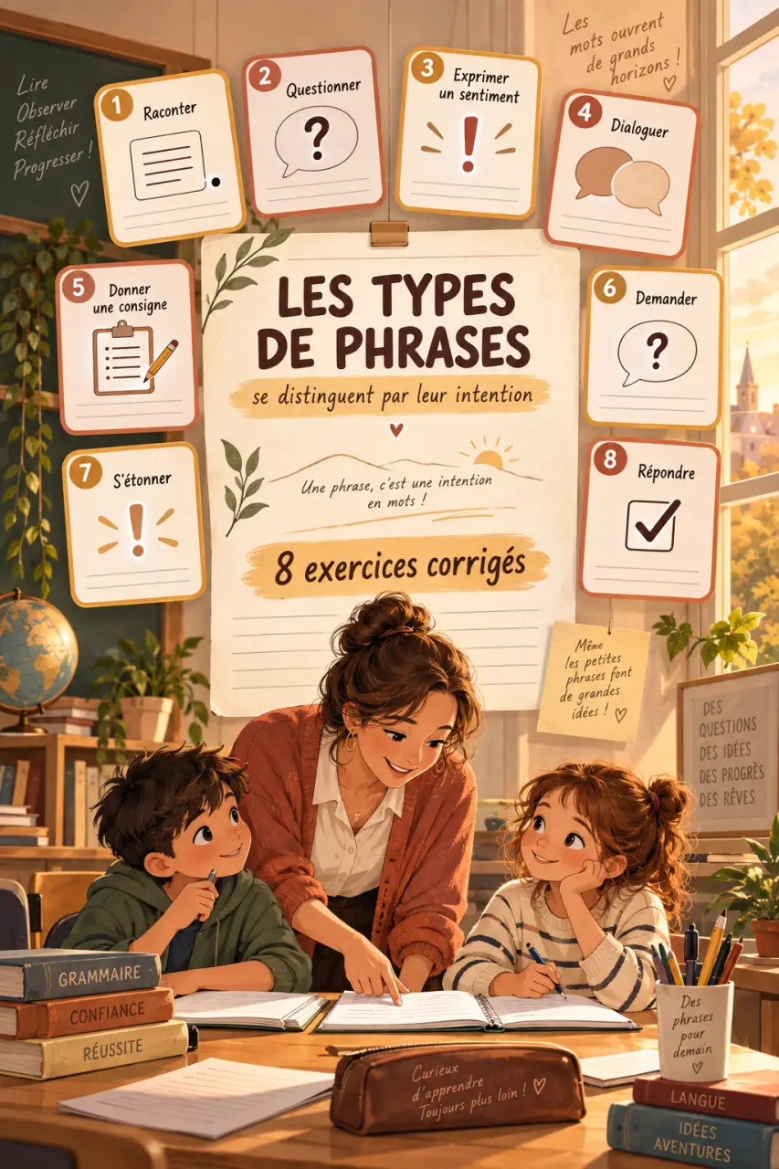 Les types de phrases se distinguent par leur intention, avec 8 exercices corrigés