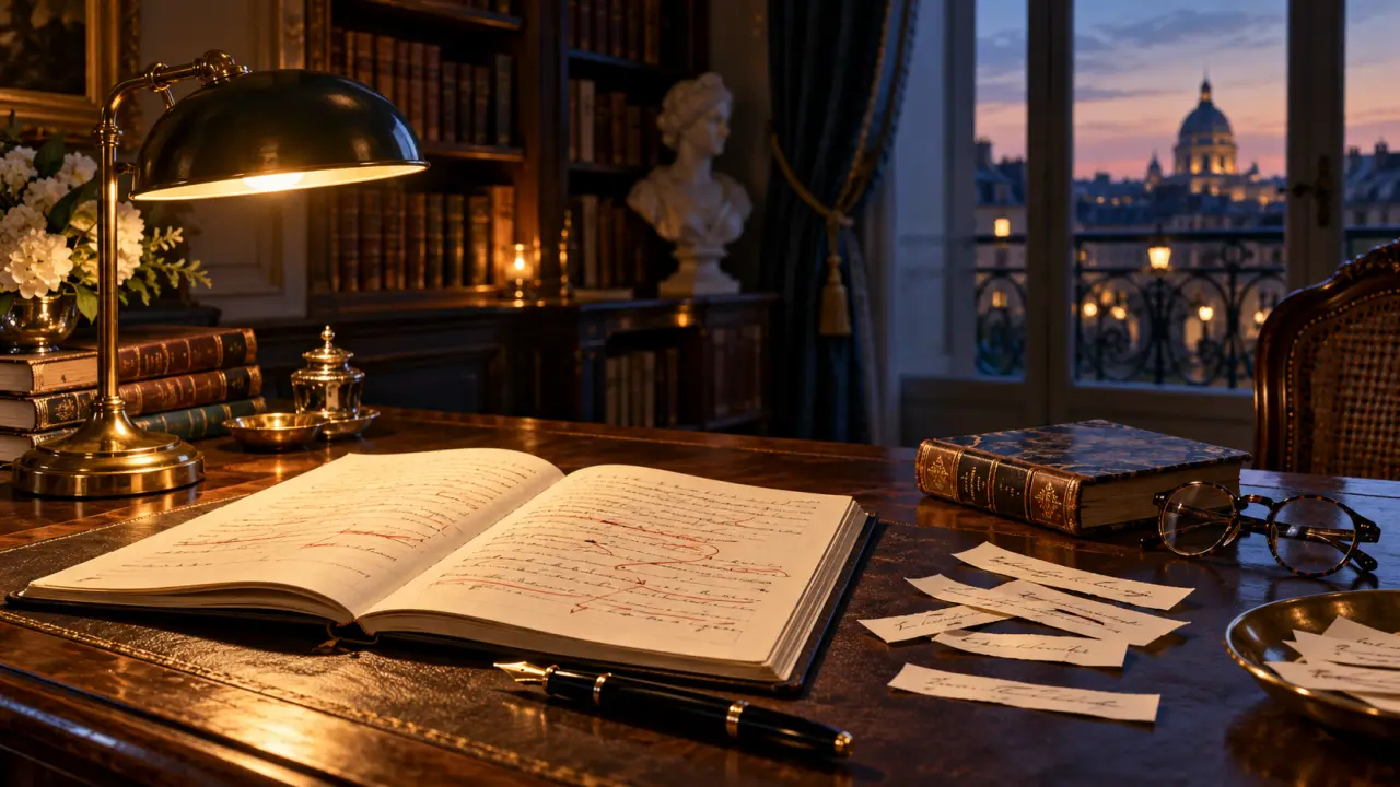 Dictionnaire ancien ouvert sur un bureau élégant, symbole de la précision de la langue française