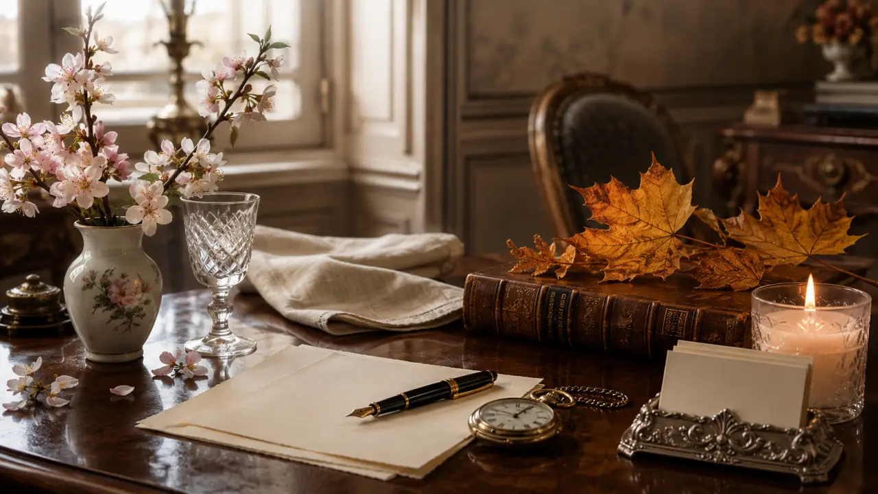 Bureau ancien en bois sombre, livre relié ouvert, tasse de thé et stylo plume élégant