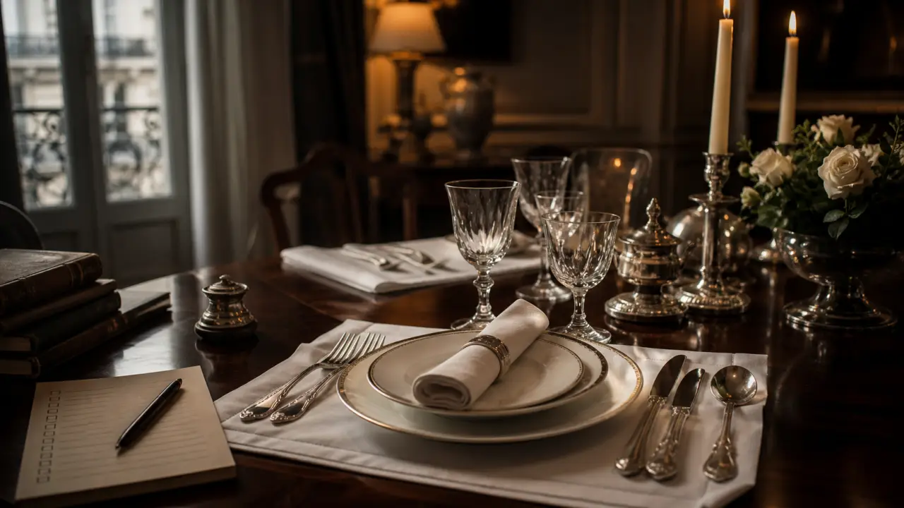 Table dressée pour un dîner mondain dans une atmosphère élégante et feutrée