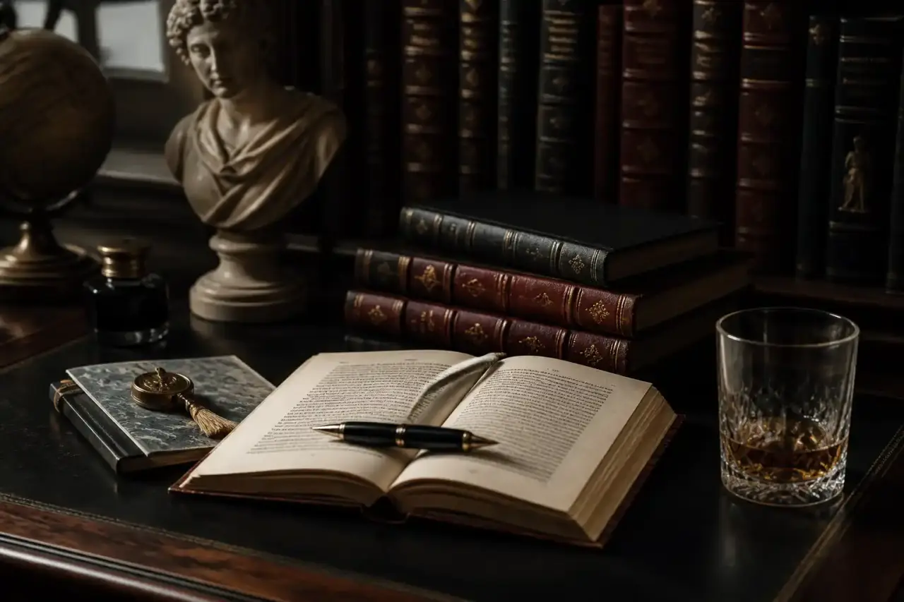 Bureau classique avec un livre ancien et un stylo plume